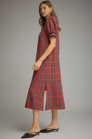 ENTRO INC Women's Dresses Tartan Plaid Short Puff Sleeve Midi Dress