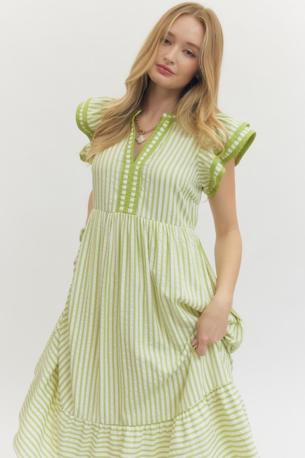 ENTRO INC Women's Dresses Textured stripe pattern tiered ruffle flutter sleeve