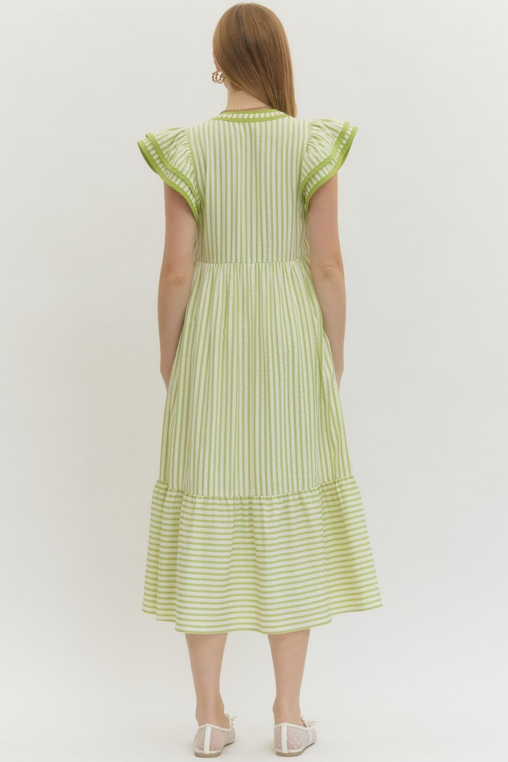 ENTRO INC Women's Dresses Textured stripe pattern tiered ruffle flutter sleeve