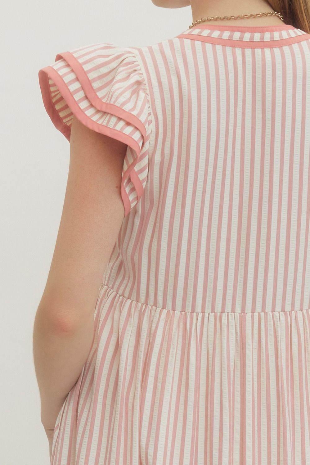 ENTRO INC Women's Dresses Textured stripe pattern tiered ruffle flutter sleeve