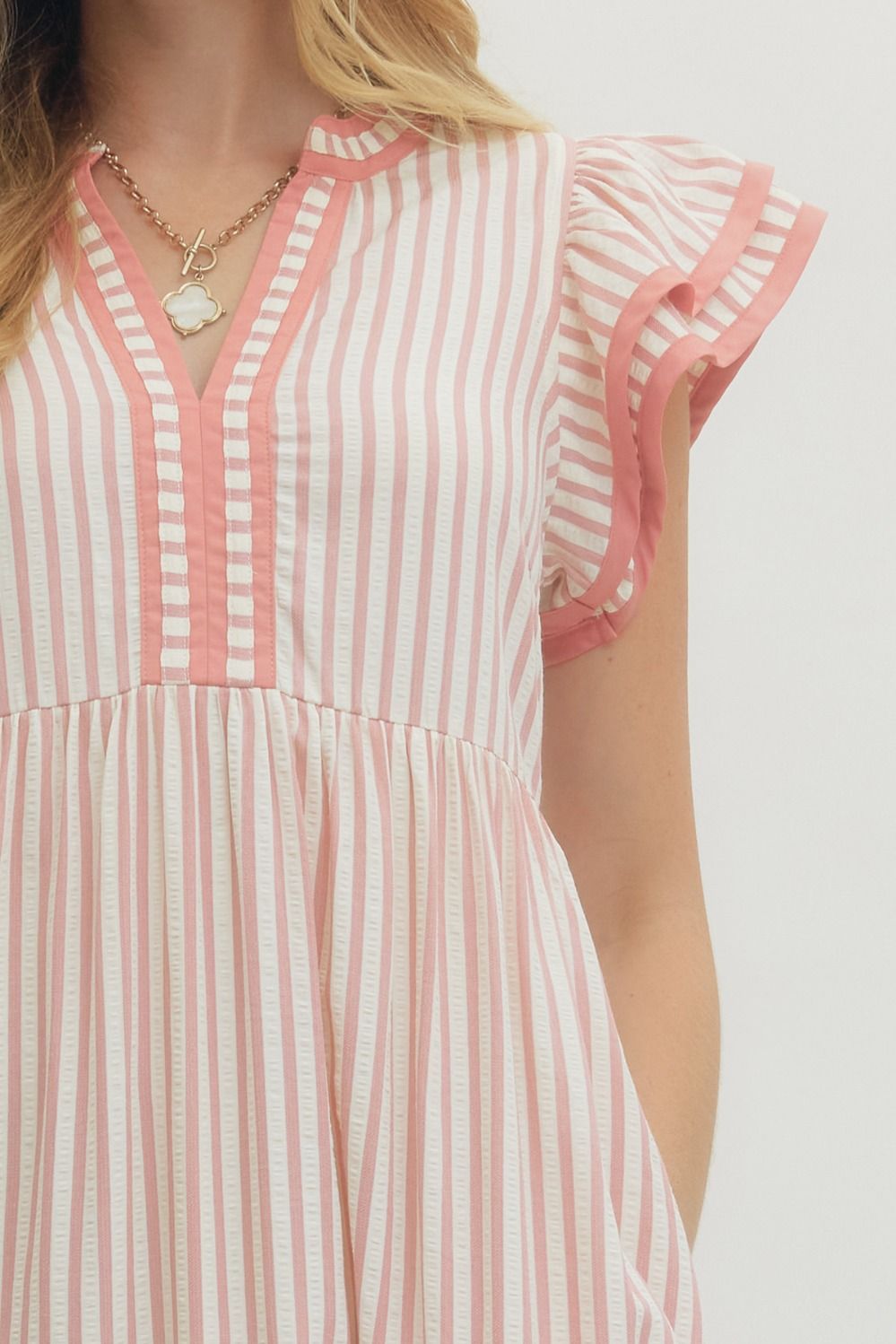 ENTRO INC Women's Dresses Textured stripe pattern tiered ruffle flutter sleeve