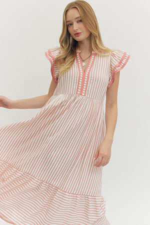 ENTRO INC Women's Dresses Textured stripe pattern tiered ruffle flutter sleeve