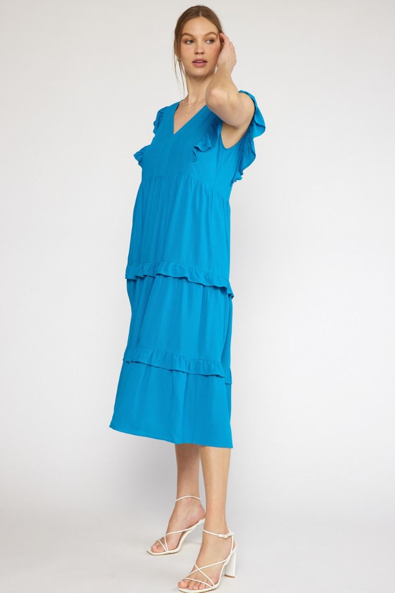 ENTRO INC Women's Dresses OCEANBLU / S V-neck Ruffle Sleeve Tiered Midi Dress || David's Clothing D19611