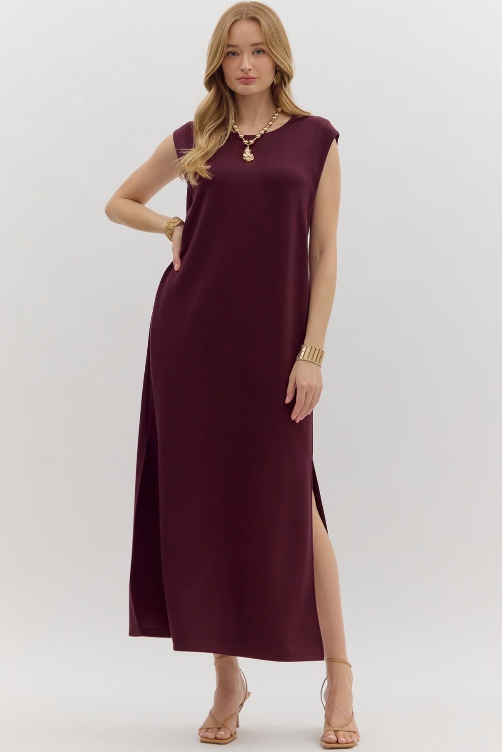 ENTRO INC Women's Dresses WINE / S Solid Jersey Knit Pullover Midi Dress || David's Clothing D27101