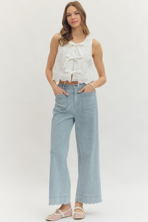 ENTRO INC Women's Jeans Solid Wide Leg Pants Featuring Scallop Accent Trim