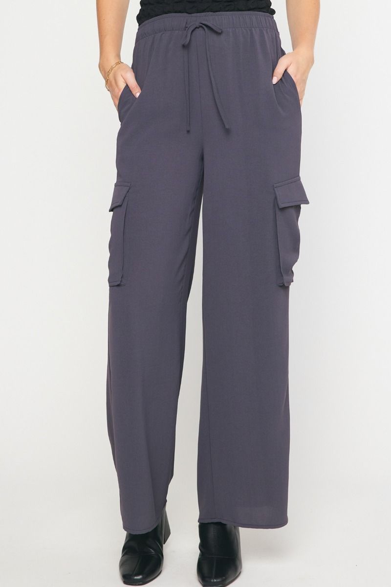ENTRO INC Women's Pants CHARCOAL / S High Waisted Utility Wide Leg Pants || David's Clothing P21298