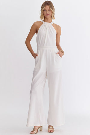 ENTRO INC Women's Pants OFFWHITE / S Solid Sleeveless Halter Neck Jumpsuit || David's Clothing R22277