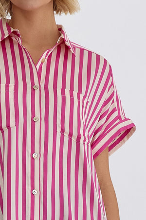 ENTRO INC Women's Pants Striped Collared Button Up Short Sleeve Top || David's Clothing