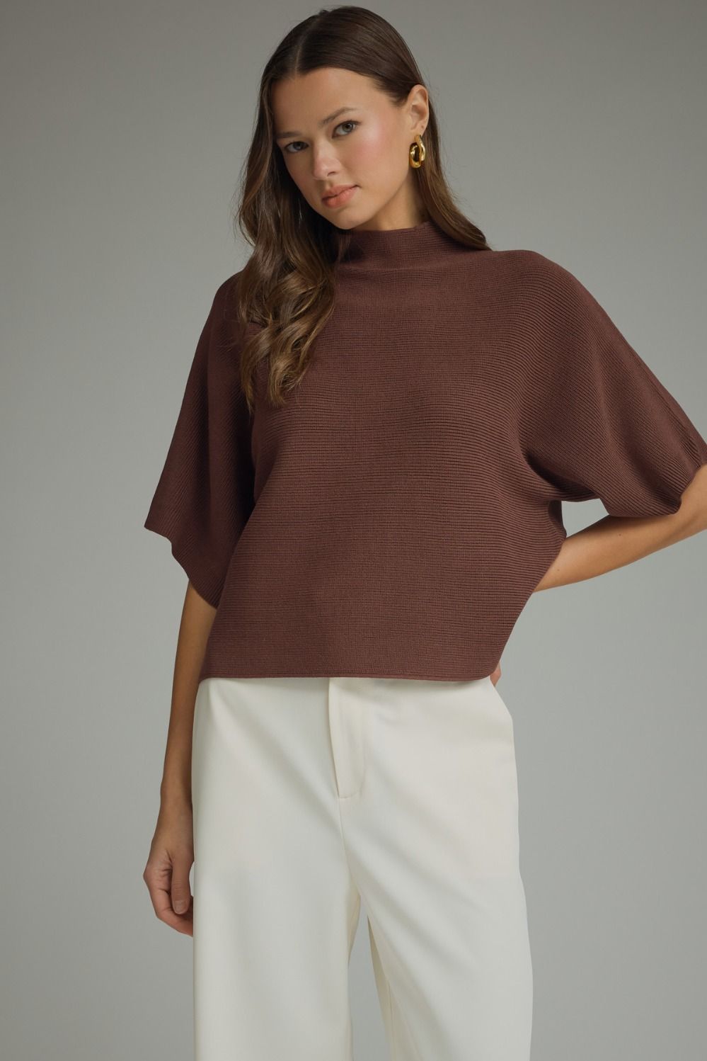 ENTRO INC Women's Sweaters BROWN / S Solid Mock Neck Short Sleeve Sweater Knit Top T31958