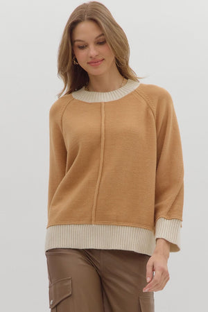 ENTRO INC Women's Sweaters CAMEL / S Solid sweater knit long sleeve pullover top T26070