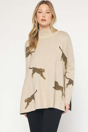 ENTRO INC Women's Sweaters OATMEAL / S Cheetah Print Knit Sweater || David's Clothing T19499