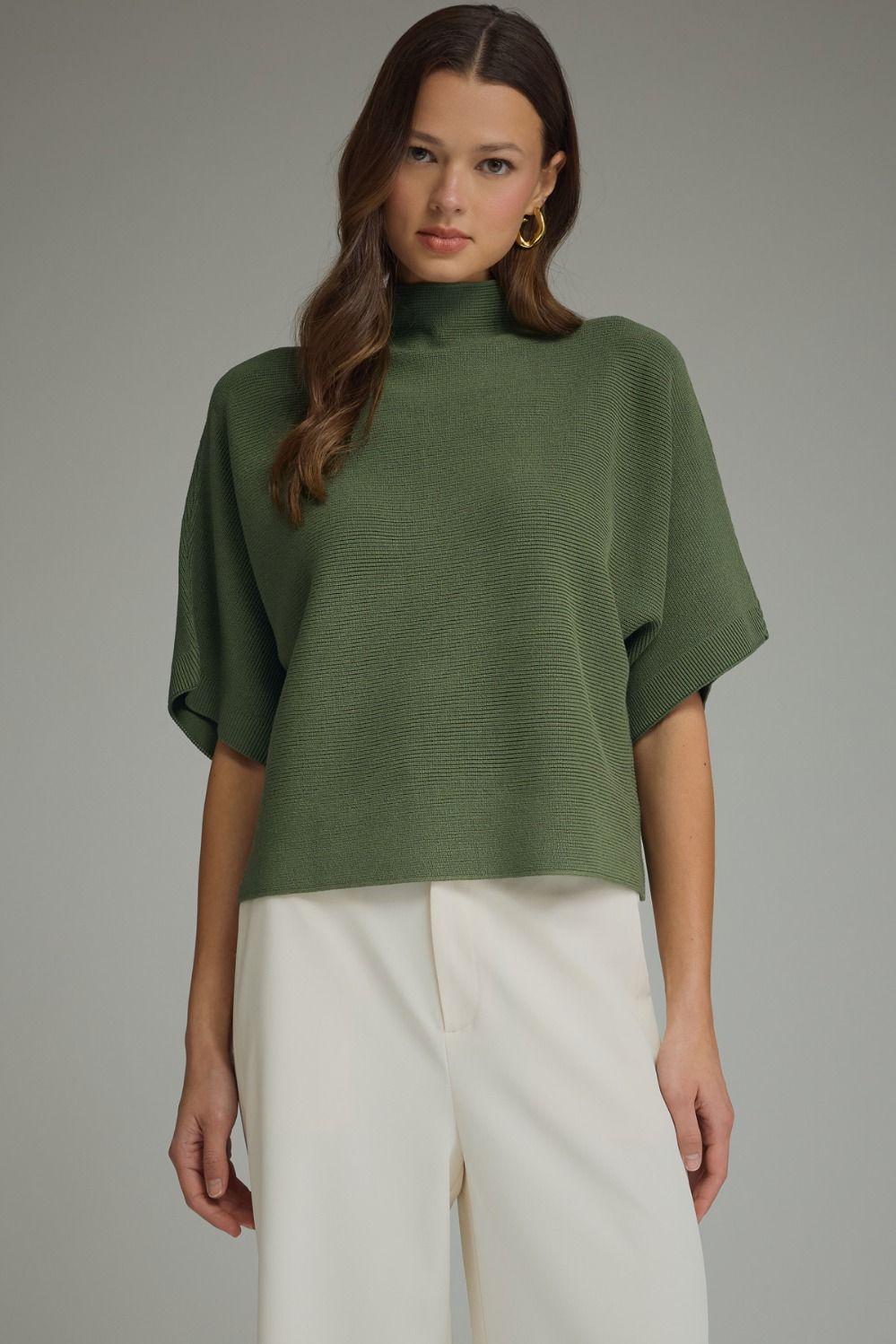ENTRO INC Women's Sweaters BROWN / S Solid Mock Neck Short Sleeve Sweater Knit Top T31958