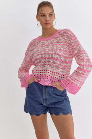 ENTRO INC Women's Sweaters PINK / S Crochet Striped Sweater || David's Clothing T22711