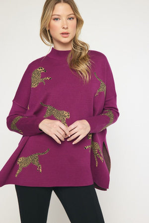 ENTRO INC Women's Sweaters PLUM / S Cheetah Print Knit Sweater || David's Clothing T19499