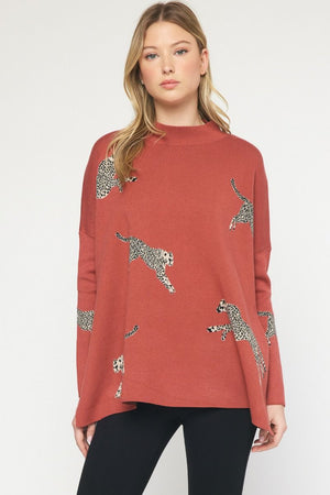 ENTRO INC Women's Sweaters RUST / S Cheetah Print Knit Sweater || David's Clothing T19499
