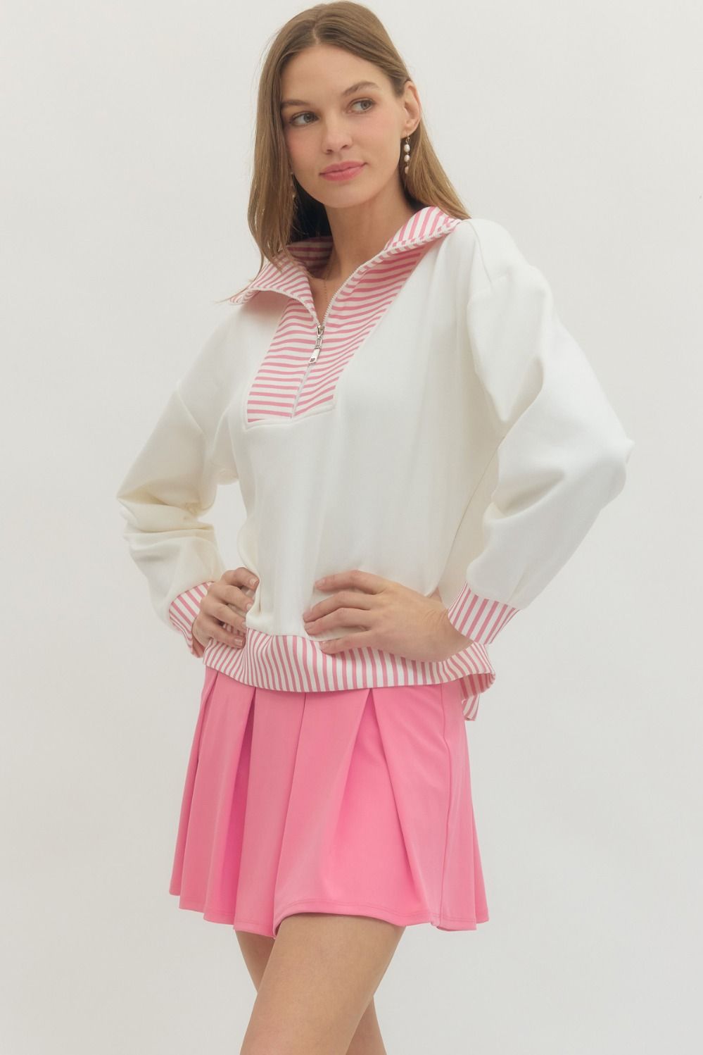 ENTRO INC Women's Top PINK / S 1 - Take Pics of Green - Half Zip Striped Collar and Hem Top T29712