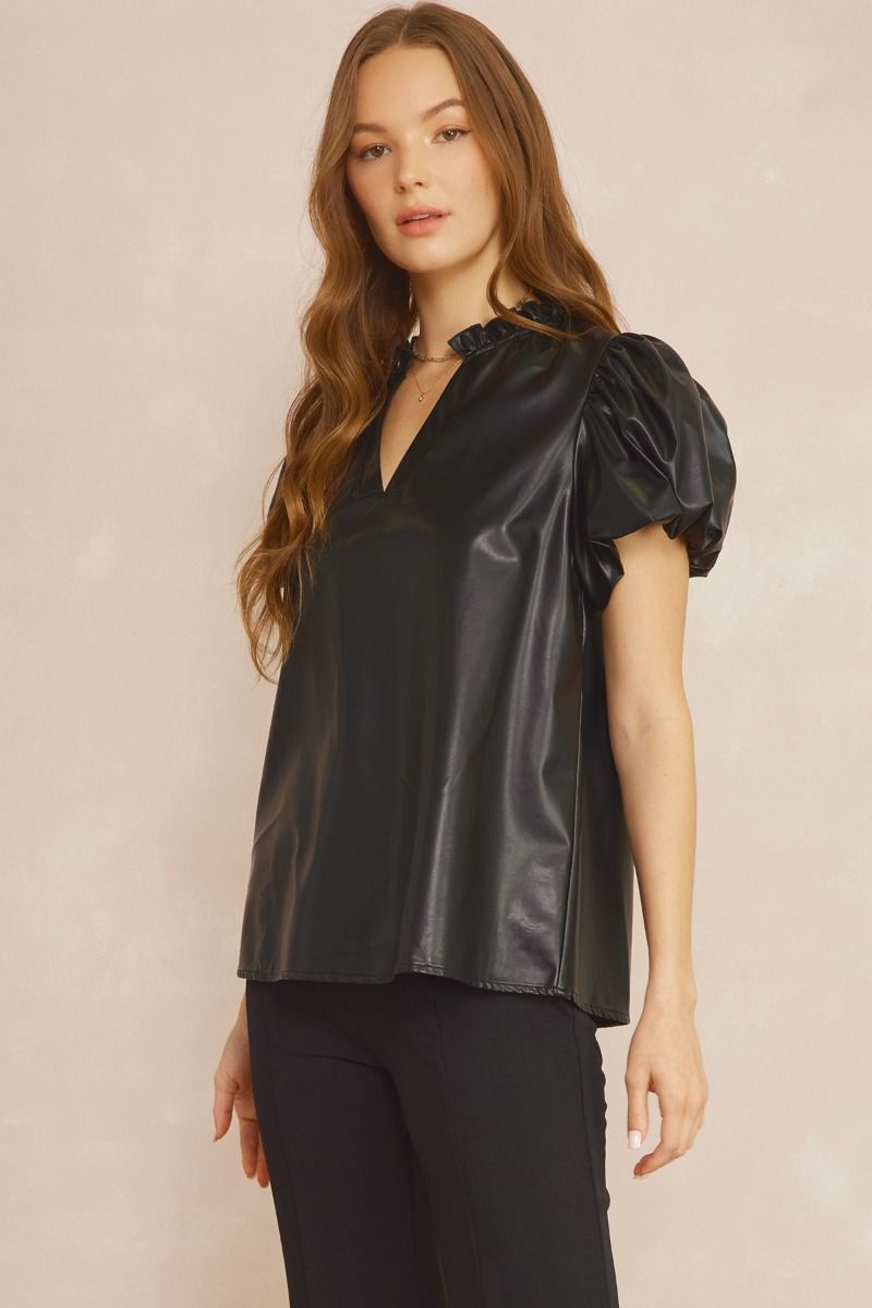 ENTRO INC Women's Top BLACK / S Faux Leather Short Sleeve V-Neck Top || David's Clothing T21104