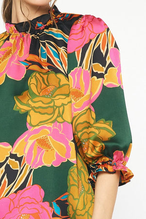 ENTRO INC Women's Top Floral Print Half Sleeve Mock Neck Top || David's Clothing