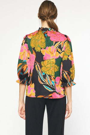 ENTRO INC Women's Top Floral Print Half Sleeve Mock Neck Top || David's Clothing