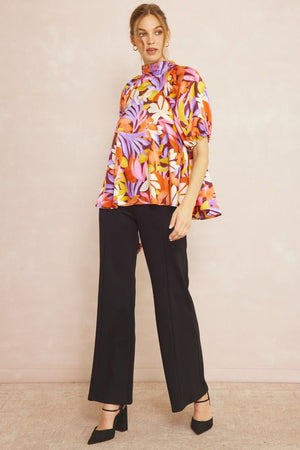ENTRO INC Women's Top Floral Print High Neck Short Sleeve Top || David's Clothing