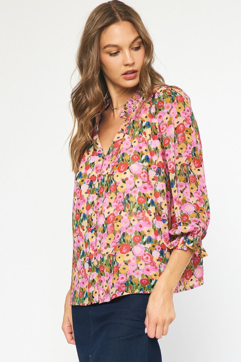 ENTRO INC Women's Top BERRY / S Floral Print Long Sleeve Top || David's Clothing T21184B