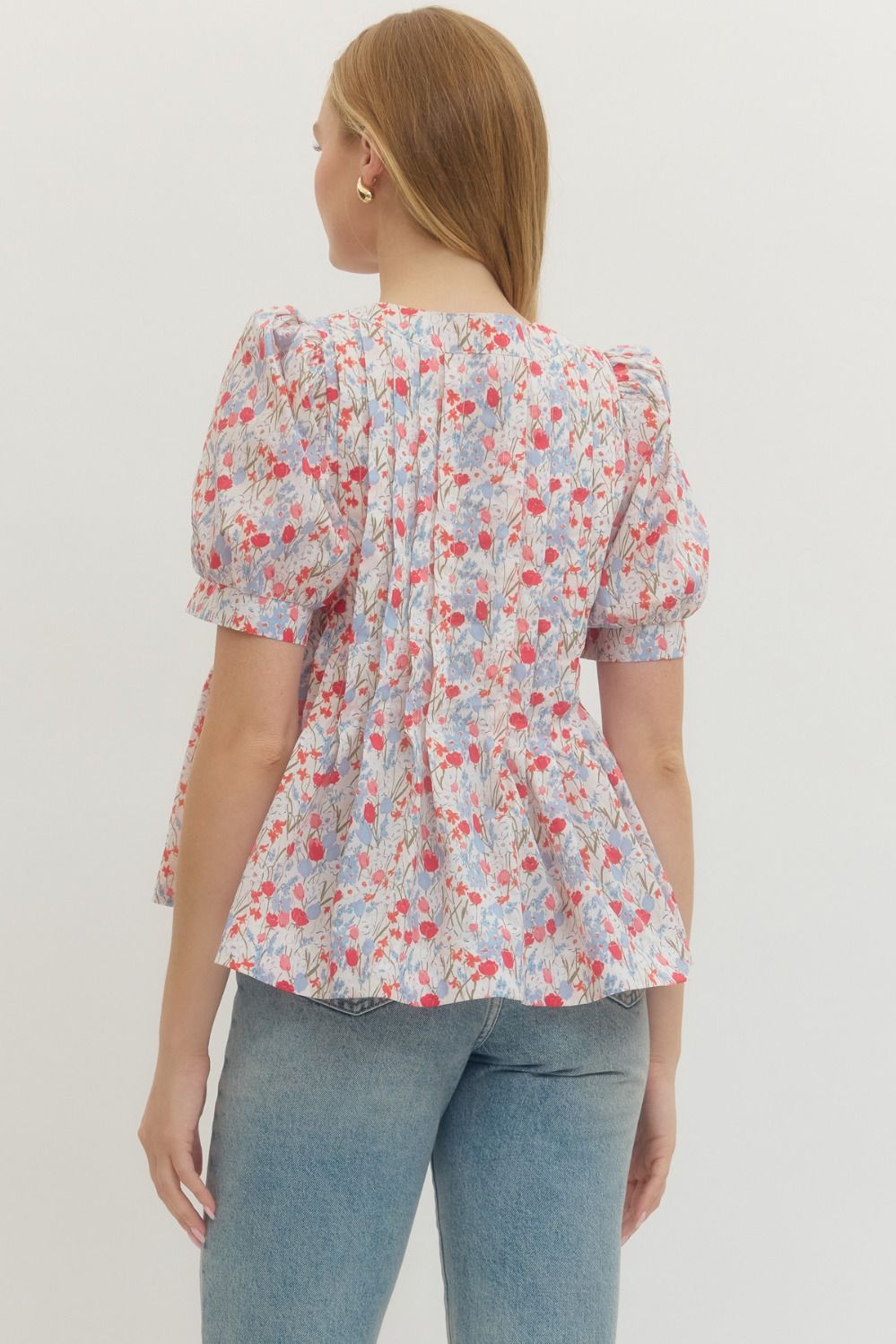 ENTRO INC Women's Top Floral Print Short Puff Sleeve Top