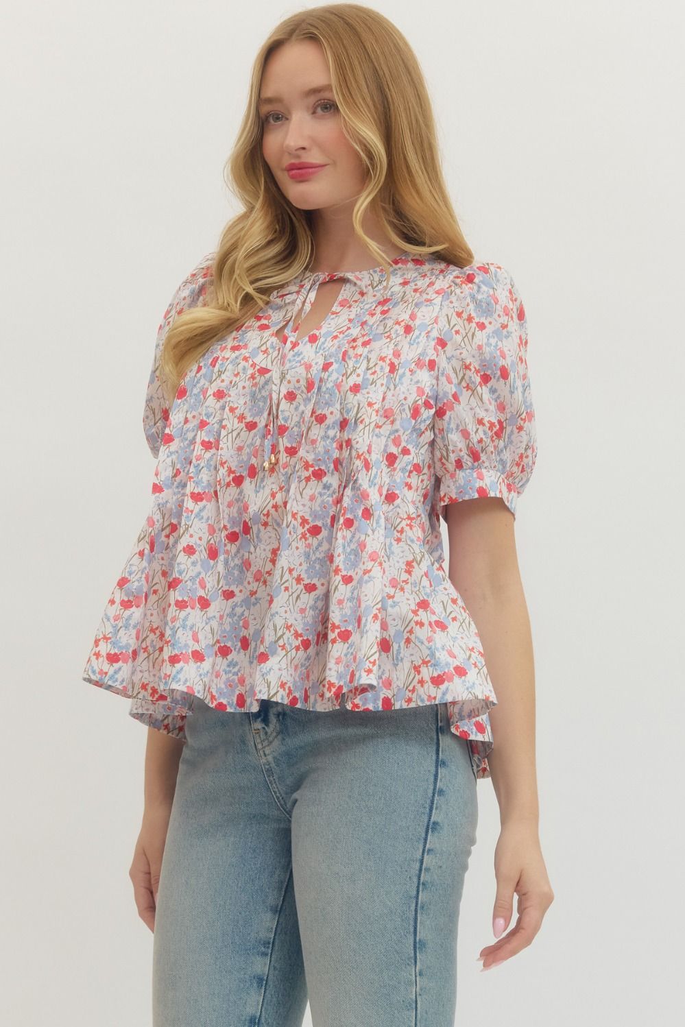 ENTRO INC Women's Top Floral Print Short Puff Sleeve Top