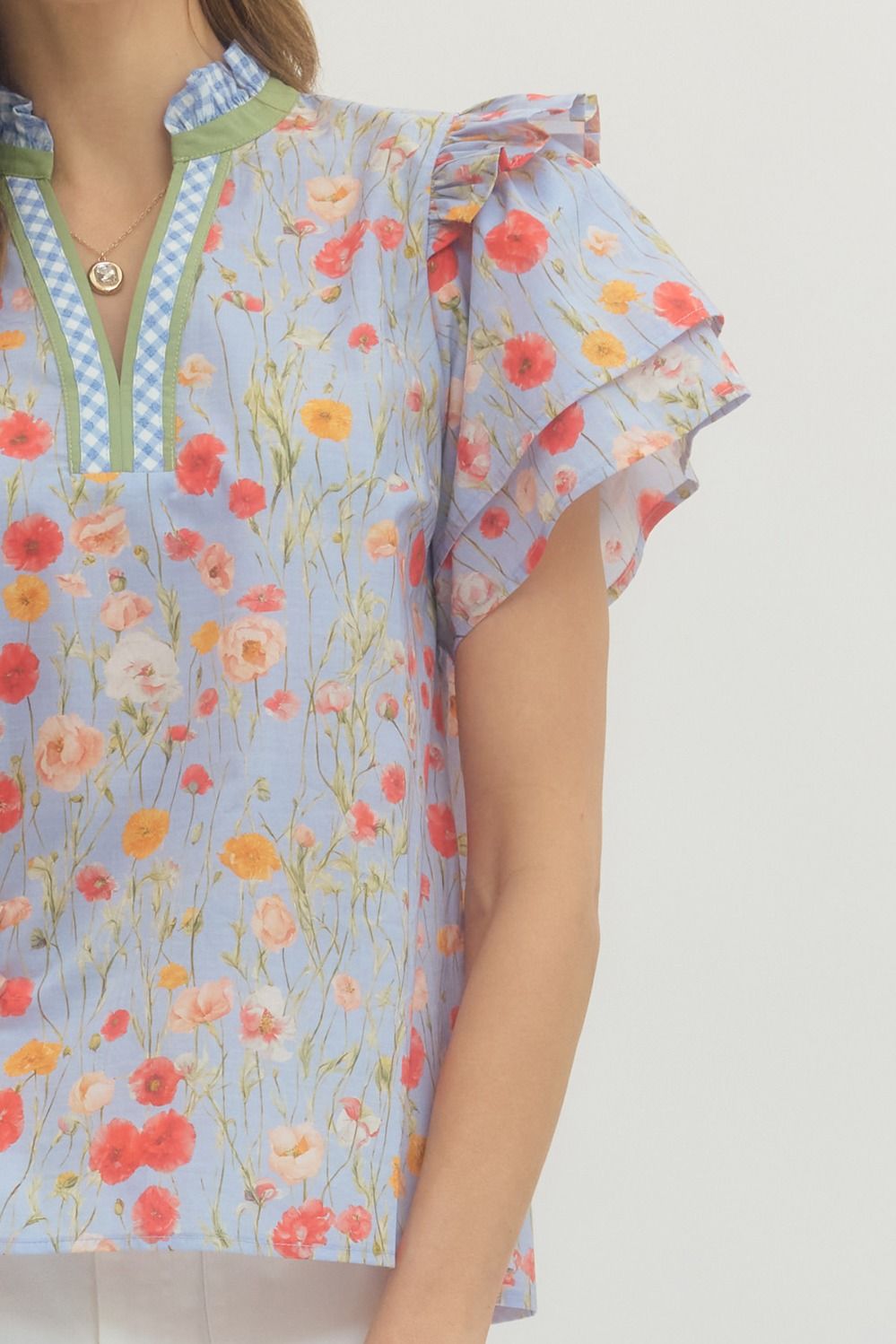 ENTRO INC Women's Top Floral Print Tiered Flutter Sleeve Top