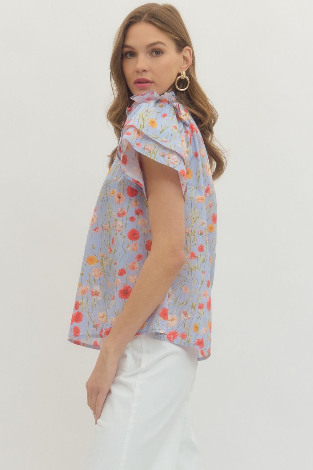 ENTRO INC Women's Top Floral Print Tiered Flutter Sleeve Top