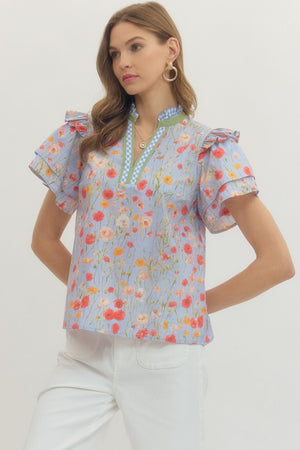 ENTRO INC Women's Top Floral Print Tiered Flutter Sleeve Top