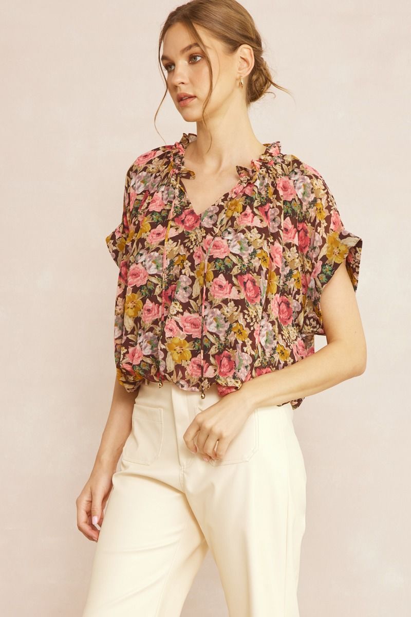 ENTRO INC Women's Top Floral Print V-Neck Short Sleeve Top || David's Clothing