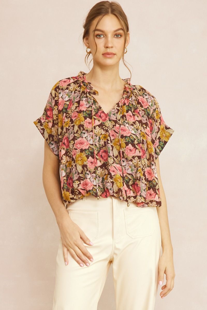 ENTRO INC Women's Top Floral Print V-Neck Short Sleeve Top || David's Clothing