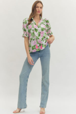 ENTRO INC Women's Top Floral Puff-Sleeve Top