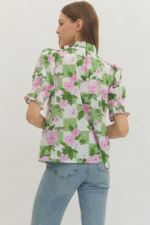 ENTRO INC Women's Top Floral Puff-Sleeve Top