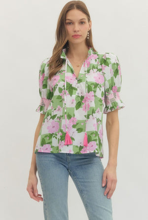ENTRO INC Women's Top Floral Puff-Sleeve Top