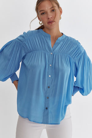 ENTRO INC Women's Top FR BLUE / S V-Neck Button Up Ls Crinkle Sleeve Top || David's Clothing T21942
