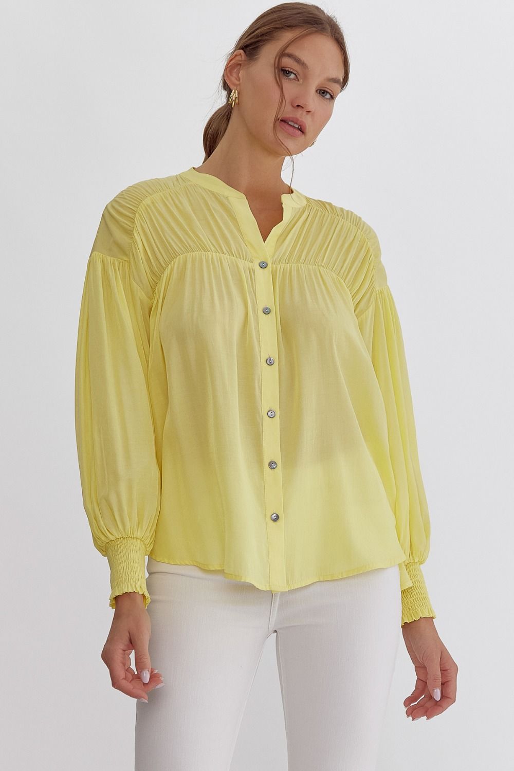 ENTRO INC Women's Top LEMONADE / S V-Neck Button Up Ls Crinkle Sleeve Top || David's Clothing T21942