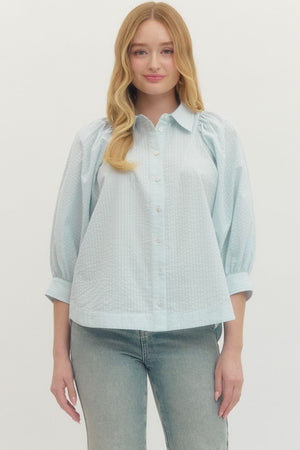 ENTRO INC Women's Top LT BLUE / S Solid textured 3/4 sleeve top T29361