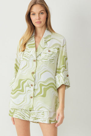 ENTRO INC Women's Top Mixed Print Collared Button Up 3/4 Sleeve Top || David's Clothing