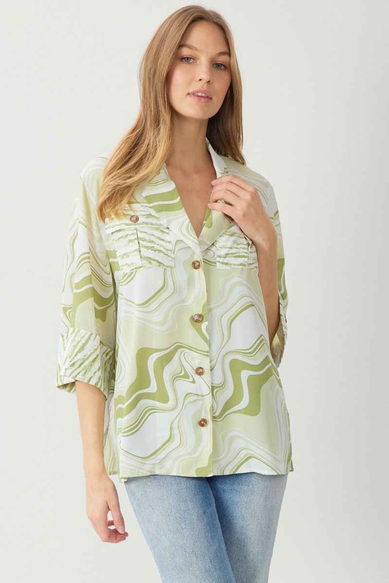 ENTRO INC Women's Top Mixed Print Collared Button Up 3/4 Sleeve Top || David's Clothing
