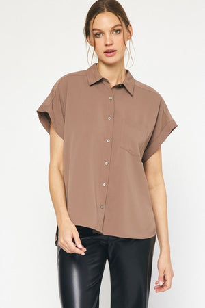 ENTRO INC Women's Top MOCHA / S Solid Button Down Collared Top || David's Clothing T21244