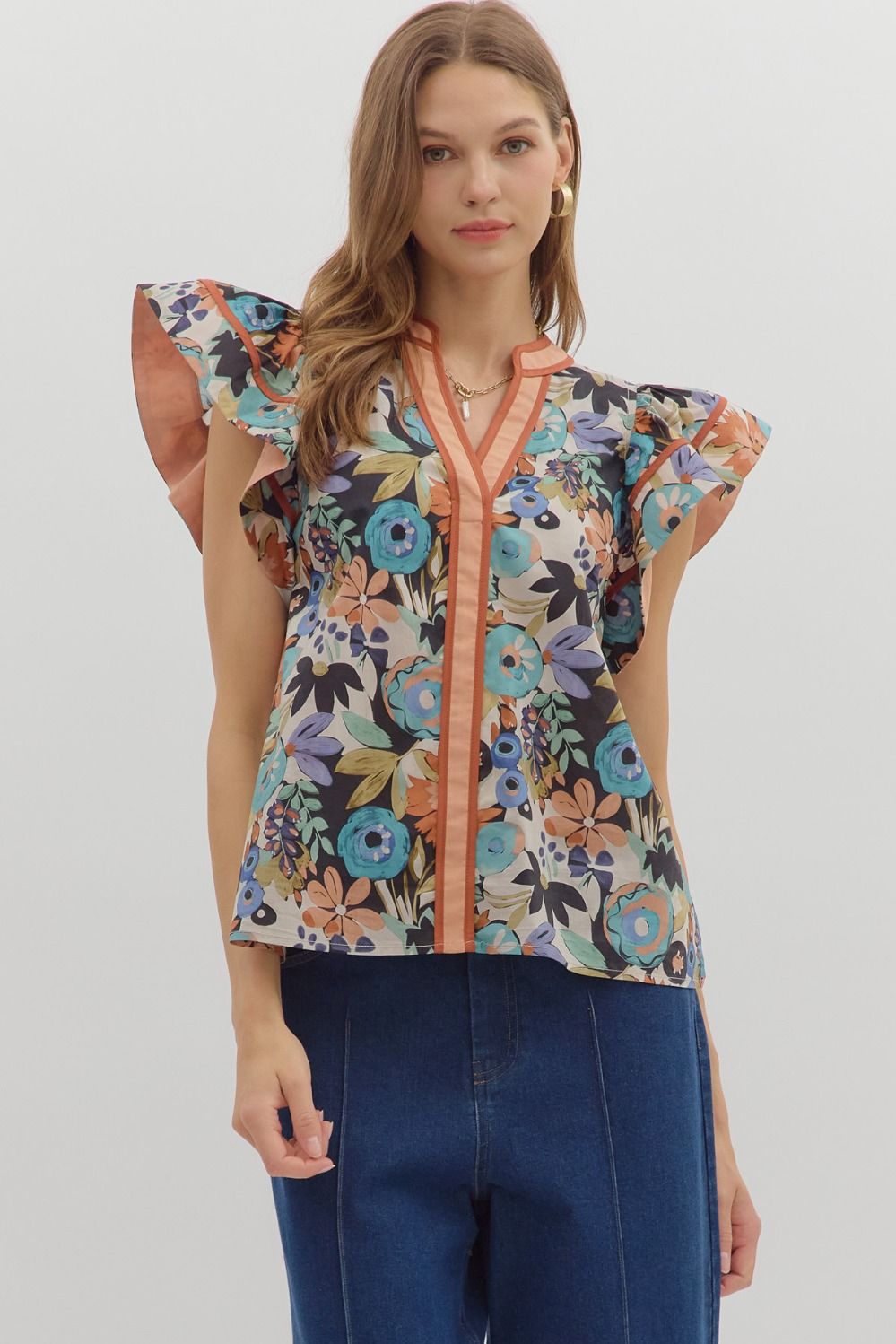 ENTRO INC Women's Top Multi-Floral Print Flutter Ruffle Sleeve Top || David's Clothing