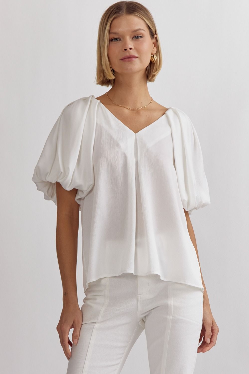 ENTRO INC Women's Top OFFWHITE / S Solid Satin V-Neck Bubble Sleeve Top || David's Clothing T21321