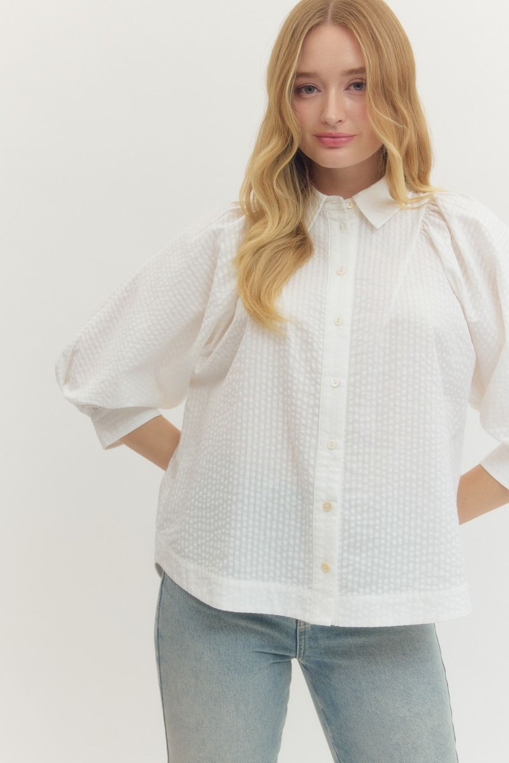 ENTRO INC Women's Top LT BLUE / S Solid textured 3/4 sleeve top T29361