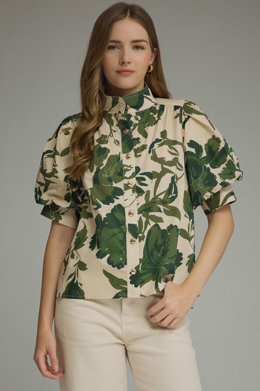 ENTRO INC Women's Top BROWN / S Printed short puff sleeve top T32550