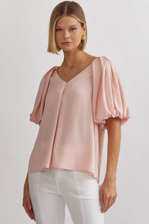 ENTRO INC Women's Top PEACH / S Solid Satin V-Neck Bubble Sleeve Top || David's Clothing T21321