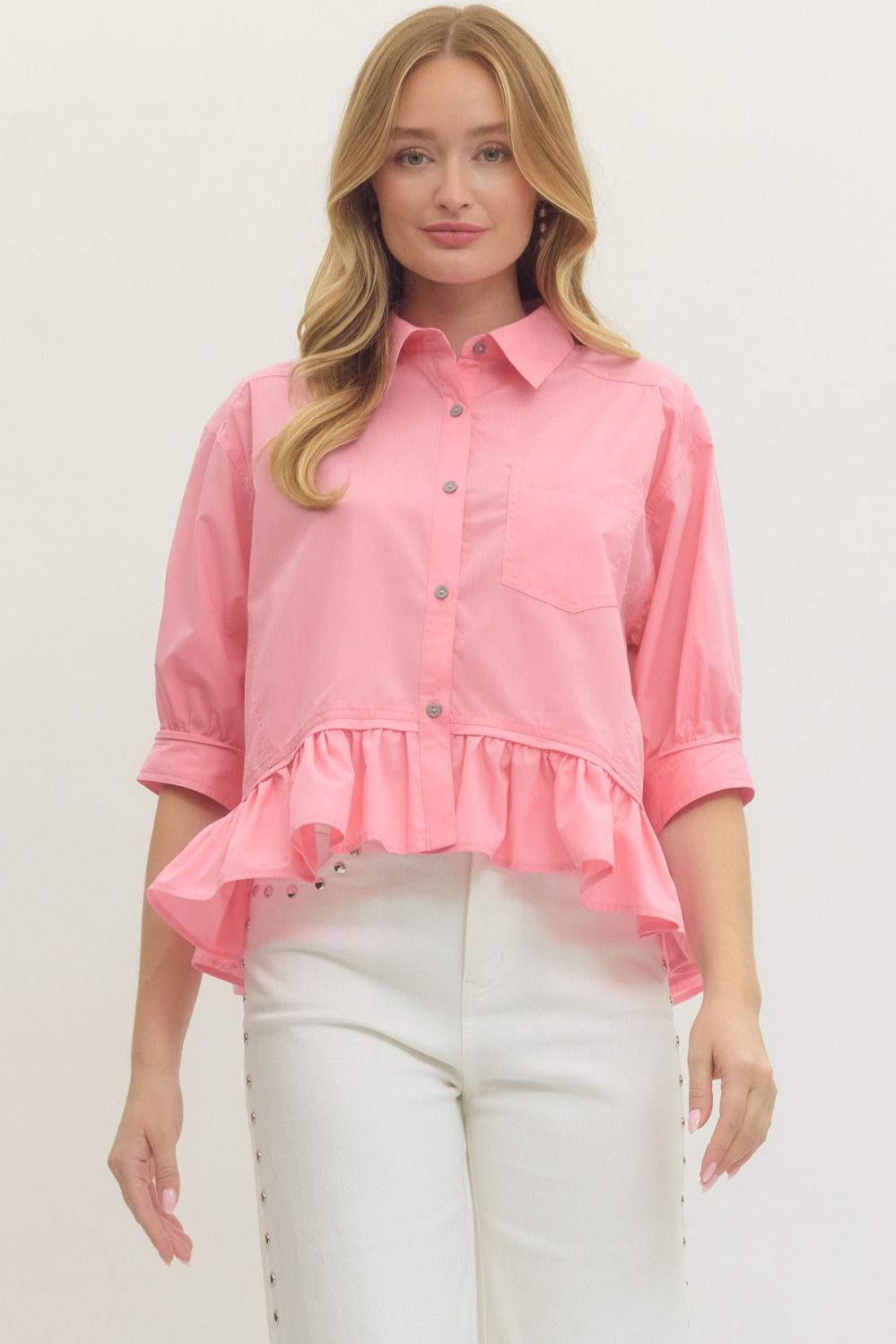 ENTRO INC Women's Top PINK / S Solid Short Sleeve Ruffle Hem Button-Down Top T28898