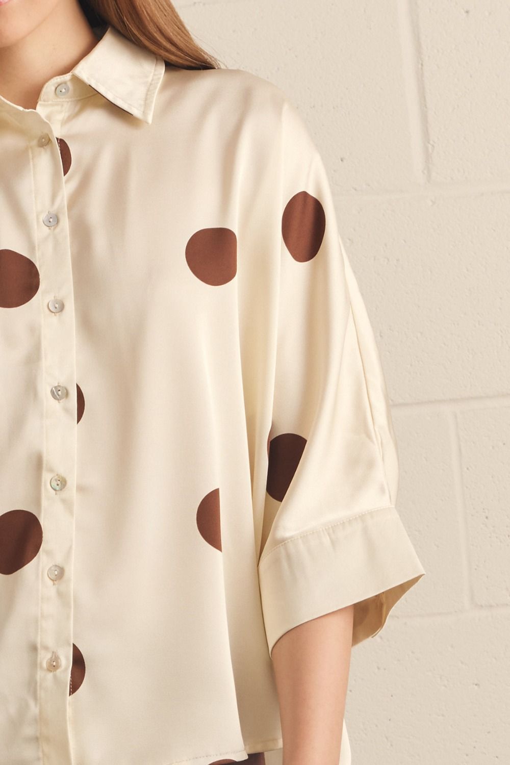 ENTRO INC Women's Top Polka Dot Collared 3/4 Sleeve Top