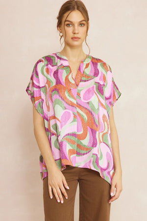 ENTRO INC Women's Top PURPLE / S Abstract Print Short Sleeve Top || David's Clothing 7186