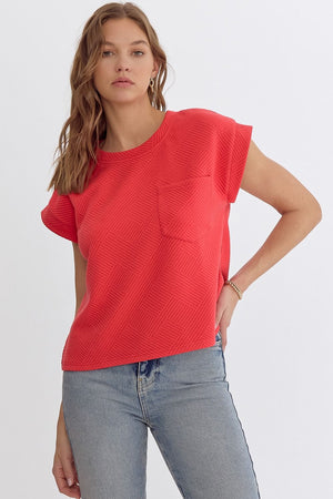 ENTRO INC Women's Top RED / S Textured Round Neck Short Sleeve Cropped Top || David's Clothing T22411